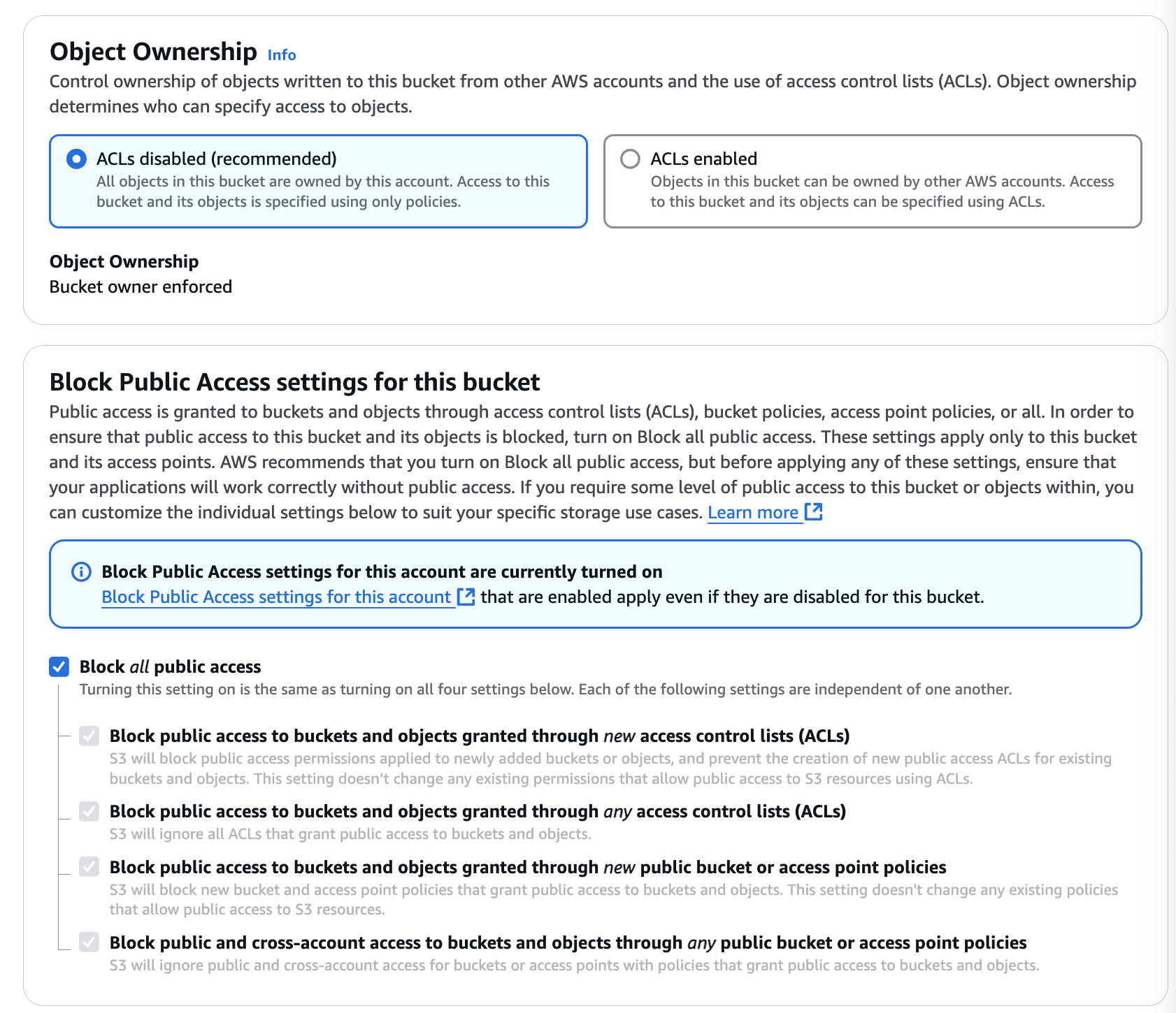 Object Ownership and Public Access settings for the bucket